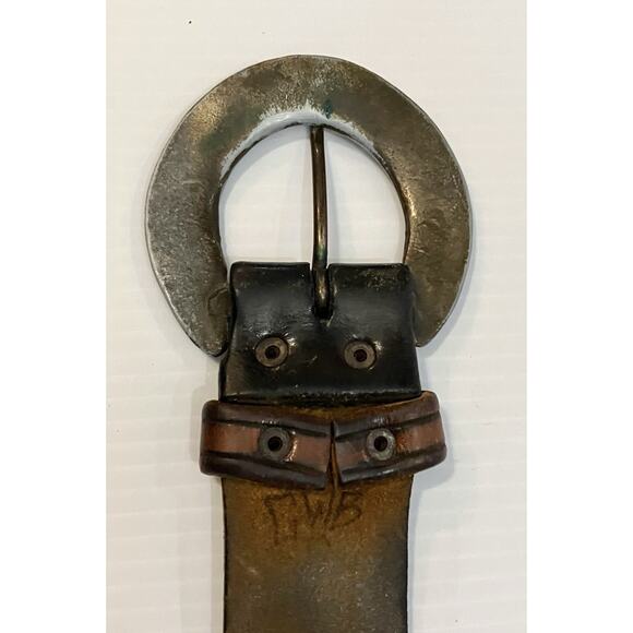 Vintage 70s Leather Belt Tooled Painted Egyptian Symbols Sz 34 Artisan Engraved - Picture 8 of 8